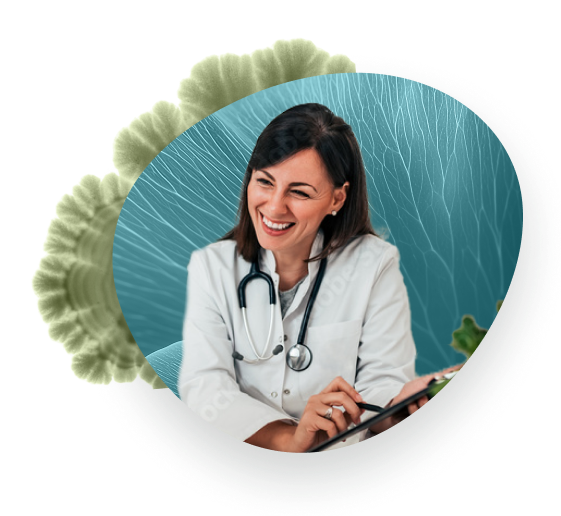 Smiling doctor showing chart to engaged female patient.