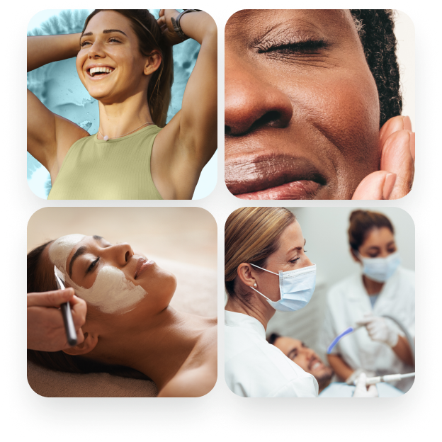 Collage of women smiling with clear skin and doctors treating patient.